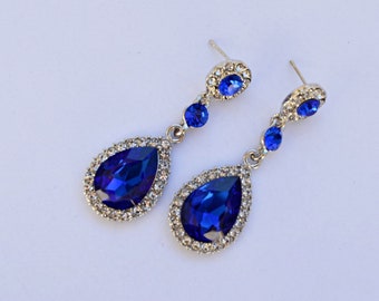 Wedding Earrings Blue Brides Bridal Crystal Rhinestone Earrings, Silver Crystal Earrings Dangle Drop Statement Bridal Earrings Jewelry Blue