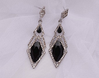 Wedding black crystal rhinestone jewelry earrings, rhinestone dangle earrings, bridal black earrings, womens black crystal evening earrings