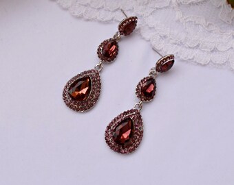 Wine bridal rhinestone earrings womens burgundy prom earrings, dark red crystal pageant earrings silver rhinestone bridal earrings jewelry