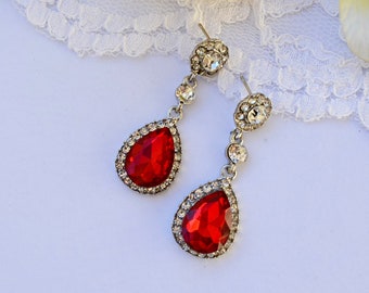 Wedding Earrings Red For Brides Bridal Crystal Rhinestone Earrings, Red Clear Crystal Earrings Dangle Drop Statement Bridal Earrings Jewelry