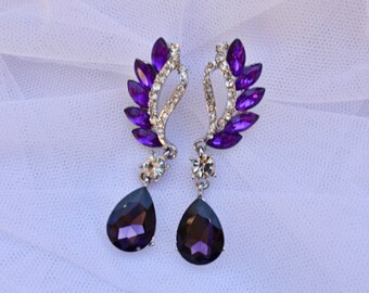 Wedding Earrings Purple Brides Bridal Crystal Rhinestone Earrings, Purple Crystal Earrings Dangle Drop Statement Bridal Earrings Jewelry