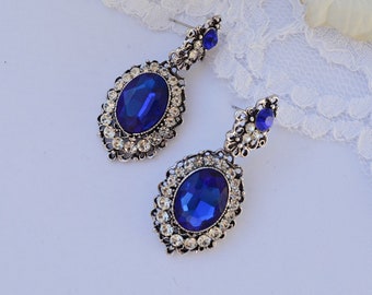 Vintage stile blue crystal bridal dark silver earrings womens blue bridal jewelry brides gift antique earrings bridal retro gold earrings