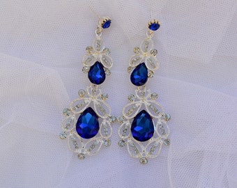 Royal blue bridal rhinestone earrings womens blue prom earrings, blue crystal pageant silver rhinestone bridal earrings jewelry for wedding