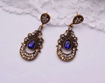 Blue clear crystal bridal earrings, womens wedding jewelry bridal jewelry bride gift antique gold earrings wedding retro gold earrings blue