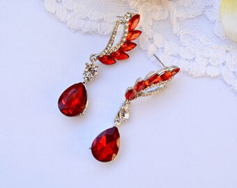 Wedding Earrings Red Brides Bridal Crystal Rhinestone Earrings, Silver Crystal Earrings Dangle Drop Statement Bridal Earrings Jewelry Red