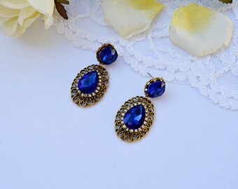 Vintage stile blue crystal bridal dark gold earrings womens blue bridal jewelry brides gift antique gold earrings bridal retro gold earrings