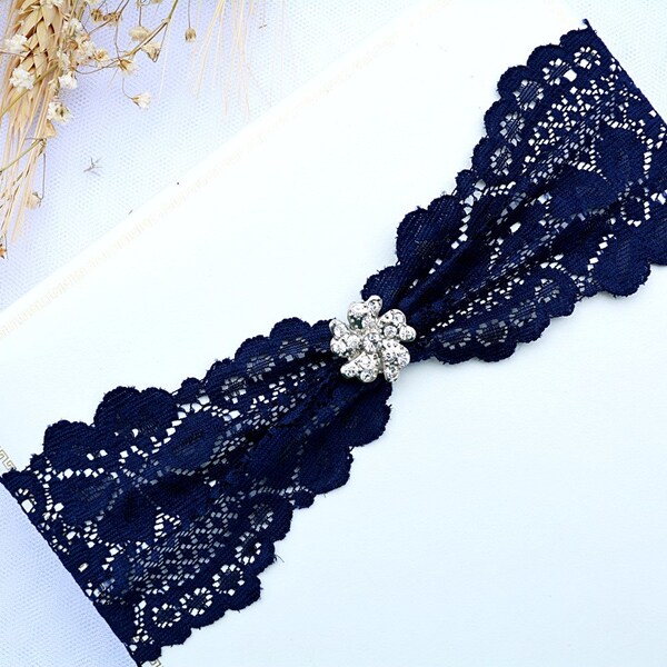 Bridal Garter Set Dark Blue Lace Jewelry Rhinestone For Brides Wedding Garter Set Blue Garter Set Bridal Navy Something Blue Garter Prom