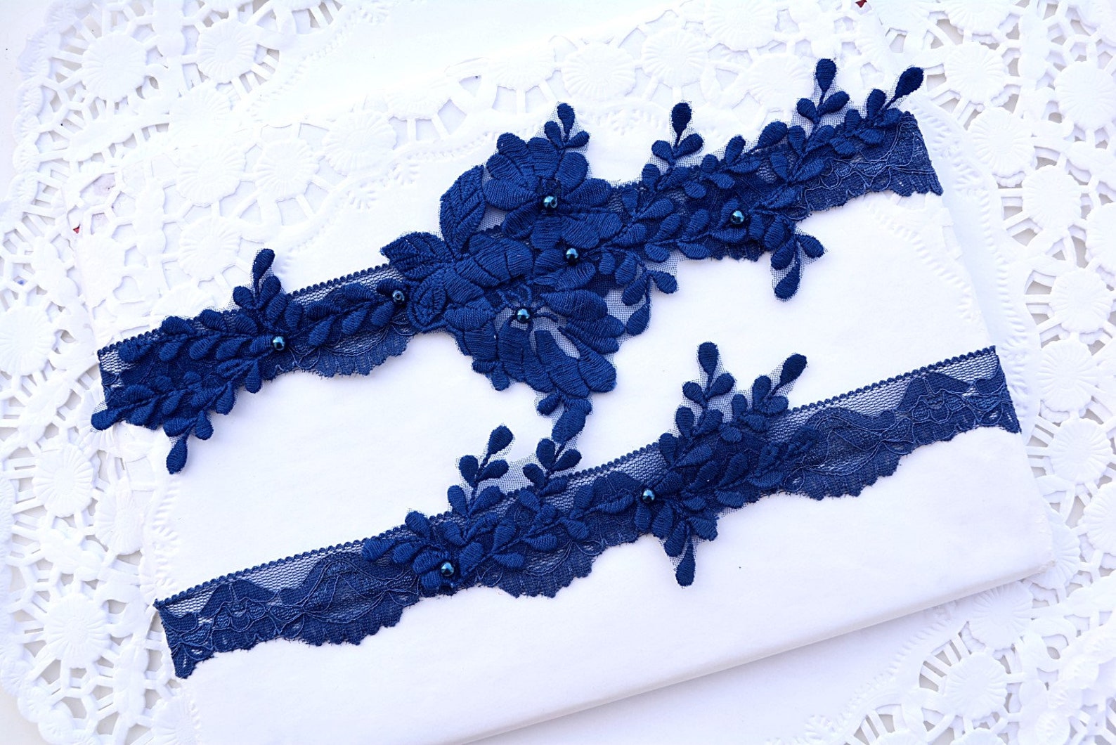 Wedding Garter Set – Bride's Lace Garter Belt With Blue Rhinestones, Two-Piece Set With Toss & Keepsake