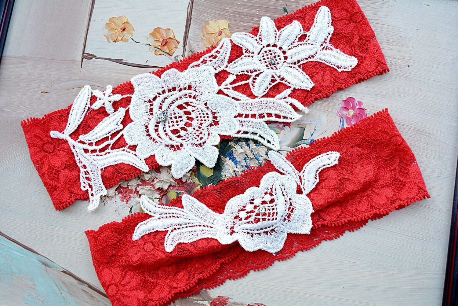 Garter Set Bridal Red Lace Garter Belt Set For Wedding Ivory Etsy