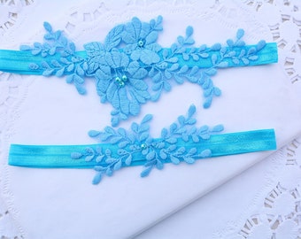 Turuoise Lace Garter Set For Bride, Blue Wedding Garter, Set Garter Wedding Lace, Wedding Garters Blue, Lingerie Wedding Teal Blue Garters