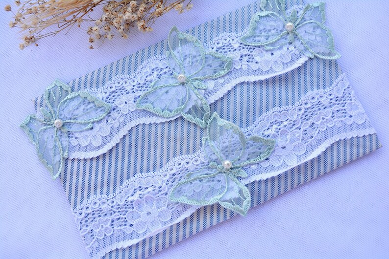 Bridal Lace Garter Set Mint Lace Garter Set Wedding Garters Lace Bridal White Mint Toss Keep Wedding Garter Set Butterflies Stretch Lace