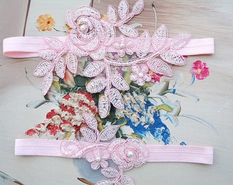 Wedding Garter Set Belt Pink Lace Pearls, Rose Bridal Garter, Boho Garter Wedding, Garter Wedding Gift, Bride Garters Pink, Stretch Garters
