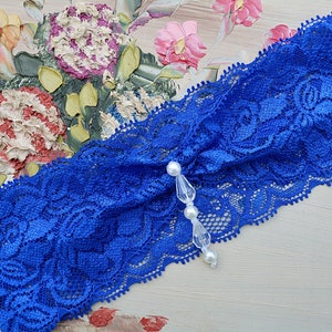 Brides Royal Blue Lace Wedding Garter Set Lingerie, White Pearl Beaded Lace Wedding Garter Set White Lace Garter Set Pearl Blue Toss Garters