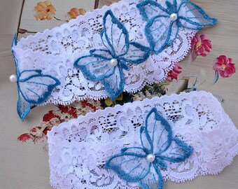 White Teal Blue Bridal Garter Set lace & Butterfly For Wedding, Wedding Lace Garter, Toss White Garter White Wedding Garter Blue Bridal Gift