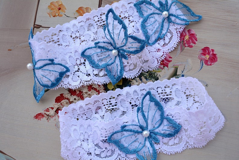 Wedding Lace Garter Toss White Garter White Wedding Garter Blue Bridal Gift White Teal Blue Bridal Garter Set lace /& Butterfly For Wedding