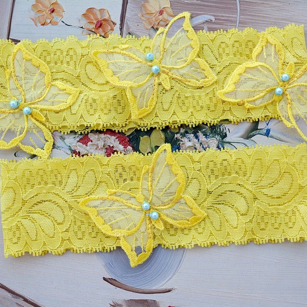 Wedding Garter Set Belt Yellow Lace Butterflies, Bridal Garter Set, Keep Garter Yellow, Bridal Garter Set Garters Wedding Gift Garter Yellow