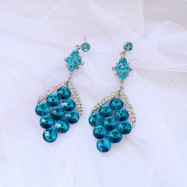 Blue crystal brides earrings teal blue rhinestone earrings aqua blue pageant earrings turquoise, teal rhinestone prom earrings aqua earrings