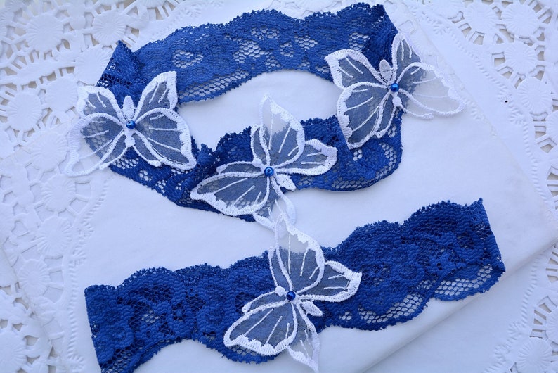 White Blue Bridal Garter Set Lace Butterfly Appliques For Etsy