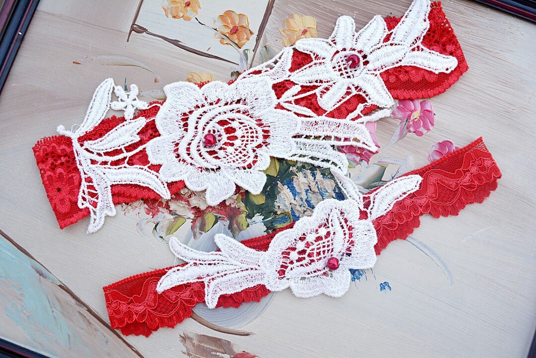 Garter Set Red Wedding Garter Belt for Brides Ivory Lace Etsy