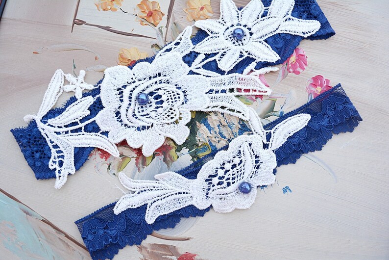 Navy Blue Wedding Garter Belt Set for Brides, Ivory Lace Garter, Bridal