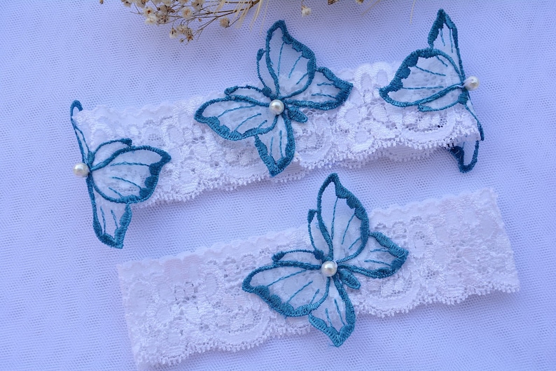 Wedding Lace Garter Toss White Garter White Wedding Garter Blue Bridal Gift White Teal Blue Bridal Garter Set lace /& Butterfly For Wedding