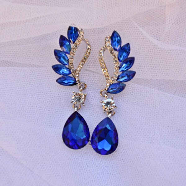 Blue Bridal Earrings Rlue Brides Bridal Crystal Rhinestone Earrings Blue Crystal Earrings Dangle Drop Statement Bridal Earrings Jewelry Blue