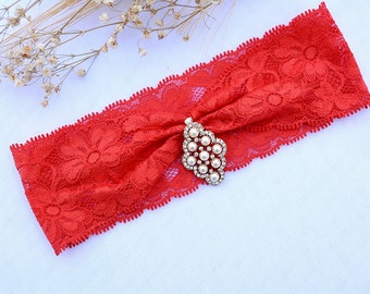 Wedding Lingerie Garter Red Lace Pearl Rhinestone Bridal Garter Set, Wedding Garter Set, Bride Garter Red, Gold Red Garter, Crystal Garters