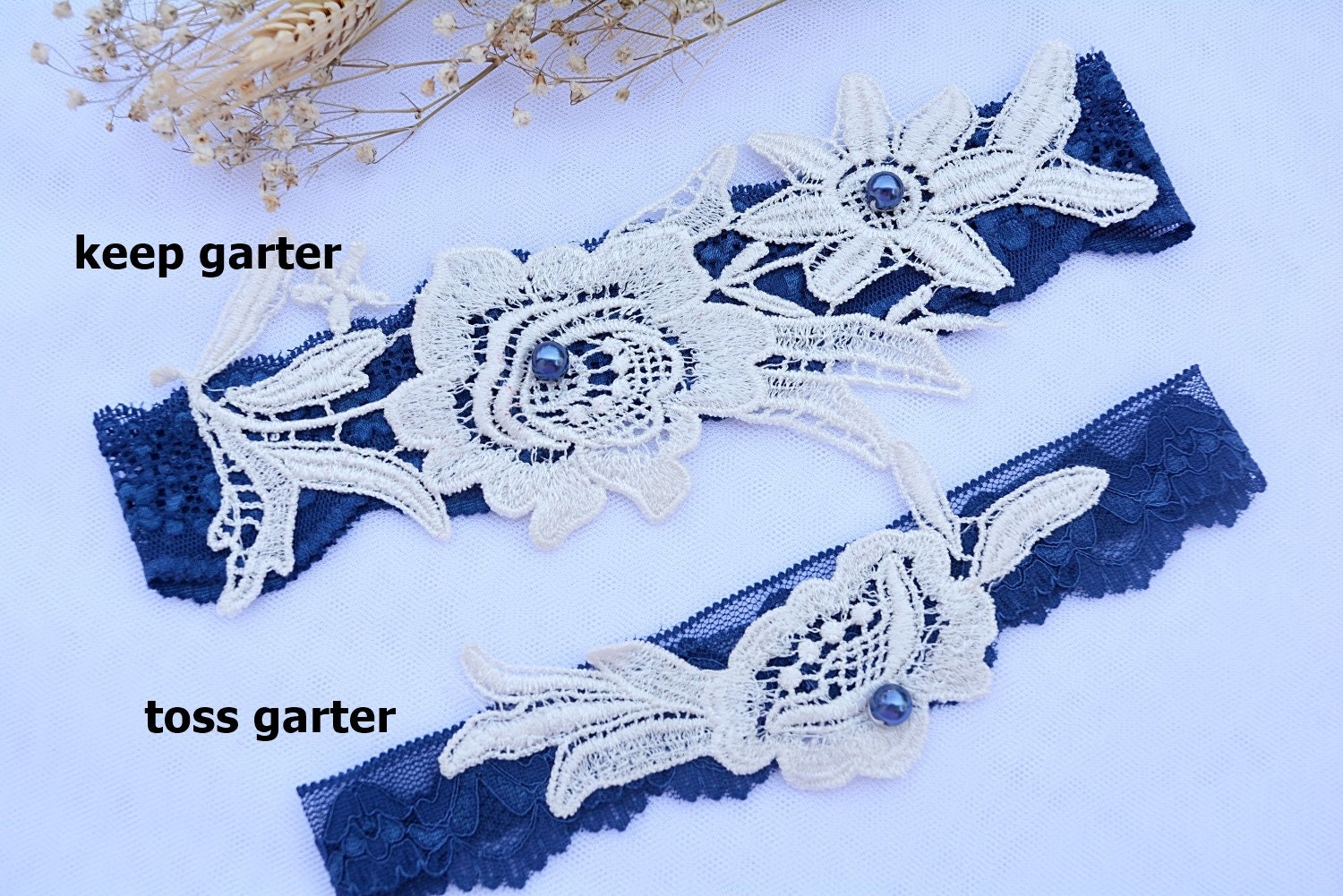 Navy Blue Wedding Garter Belt Set for Brides, Ivory Lace Garter, Bridal