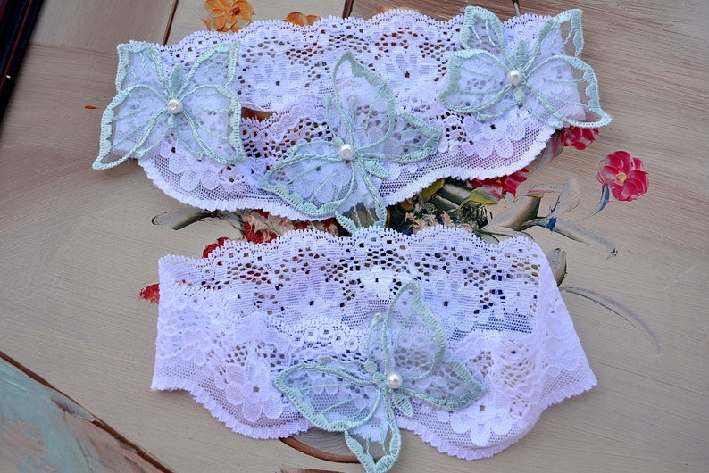 Bridal Lace Garter Set Mint Lace Garter Set Wedding Garters Lace Bridal White Mint Toss Keep Wedding Garter Set Butterflies Stretch Lace