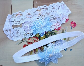 Bridal Garter Set White Blue Lace For Bride, Blue Wedding Garter, Garter Set Wedding Blue Garter Wedding Lace, Wedding Garter White Lingerie