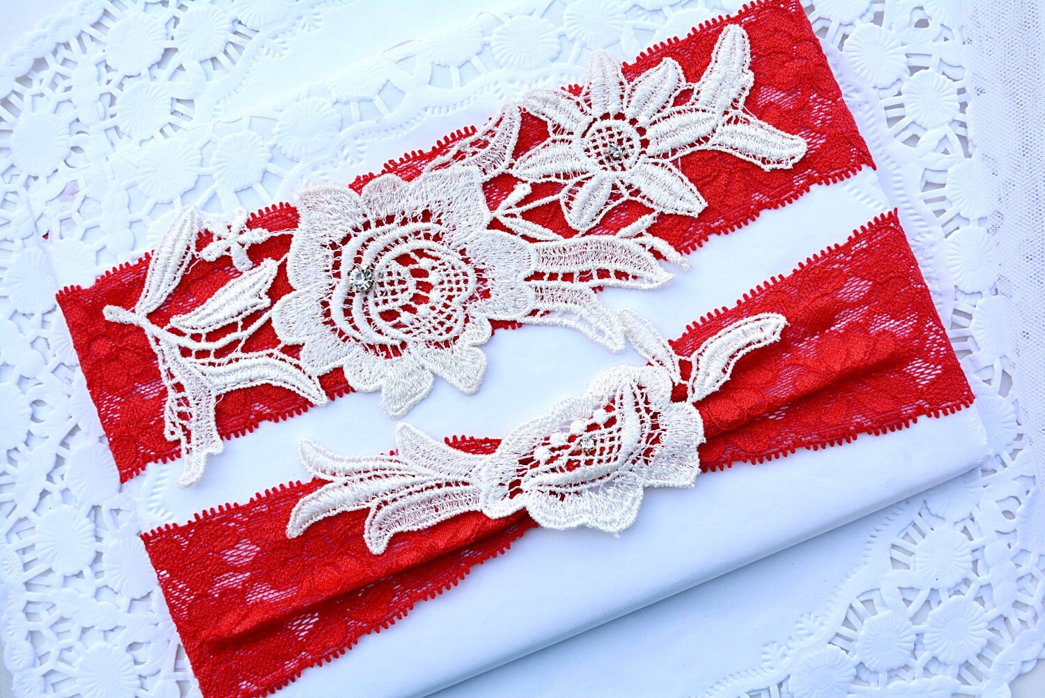 Garter Set Bridal Red Lace Garter Belt Set For Wedding Ivory Etsy