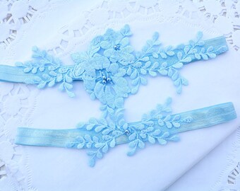 Pale Blue Lace Garter Set For Bride, Blue Wedding Garter, Set Garter Wedding Lace, Wedding Garters Blue, Lingerie Wedding Light Blue Garters