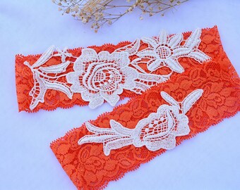 Orange Lace Wedding Garters Set Bridal Garter Belt Set For Bride, Ivory Lace Garter, Bridal Garter Set, Orange Keep Toss Garter Set Wedding