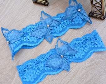 Blue Wedding Garter Set Stretcy Lace & Butterflies Teal, Bridal Lace Garter Set Turquoise Lace Garter Set, Teal Wedding Garters Lace Bridal