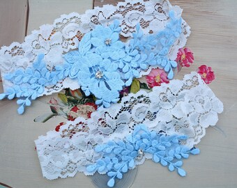 Bridal Garter Set White Blue Lace For Bride, Blue Wedding Garter, Garter Set Wedding Blue Garter Wedding Lace, Wedding Garter White Lingerie