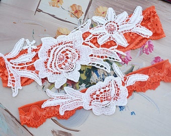 Orange Wedding Garter Set For Brides, Ivory Lace Garter, Bridal Garter Set, Keep Garter Orange, Bridal Garter Lace, Garter Orange Lace Toss