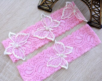 Wedding Garter Set White Pink Flower Lace Butterflies, Bridal Garter Set, Keep Garter White, Bridal Garter Lace,  Wedding Pink Toss Garter