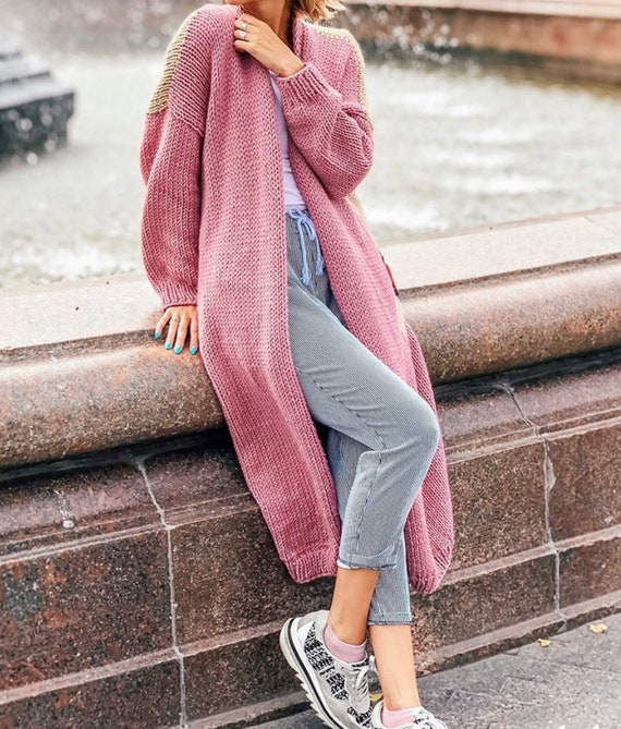 FlamingoFashionShop Oversized Knit Cardigan, Long Wool Knit Cardigan, Cable Knit Sweater, Cable Knit Oversized Bomber, Chunky Knit Sweater, Pink Women Cardigan