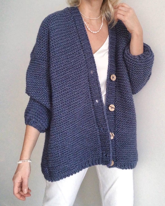 Navy Blue Women Wool Cardigan With Buttons Chunky Knit - Etsy