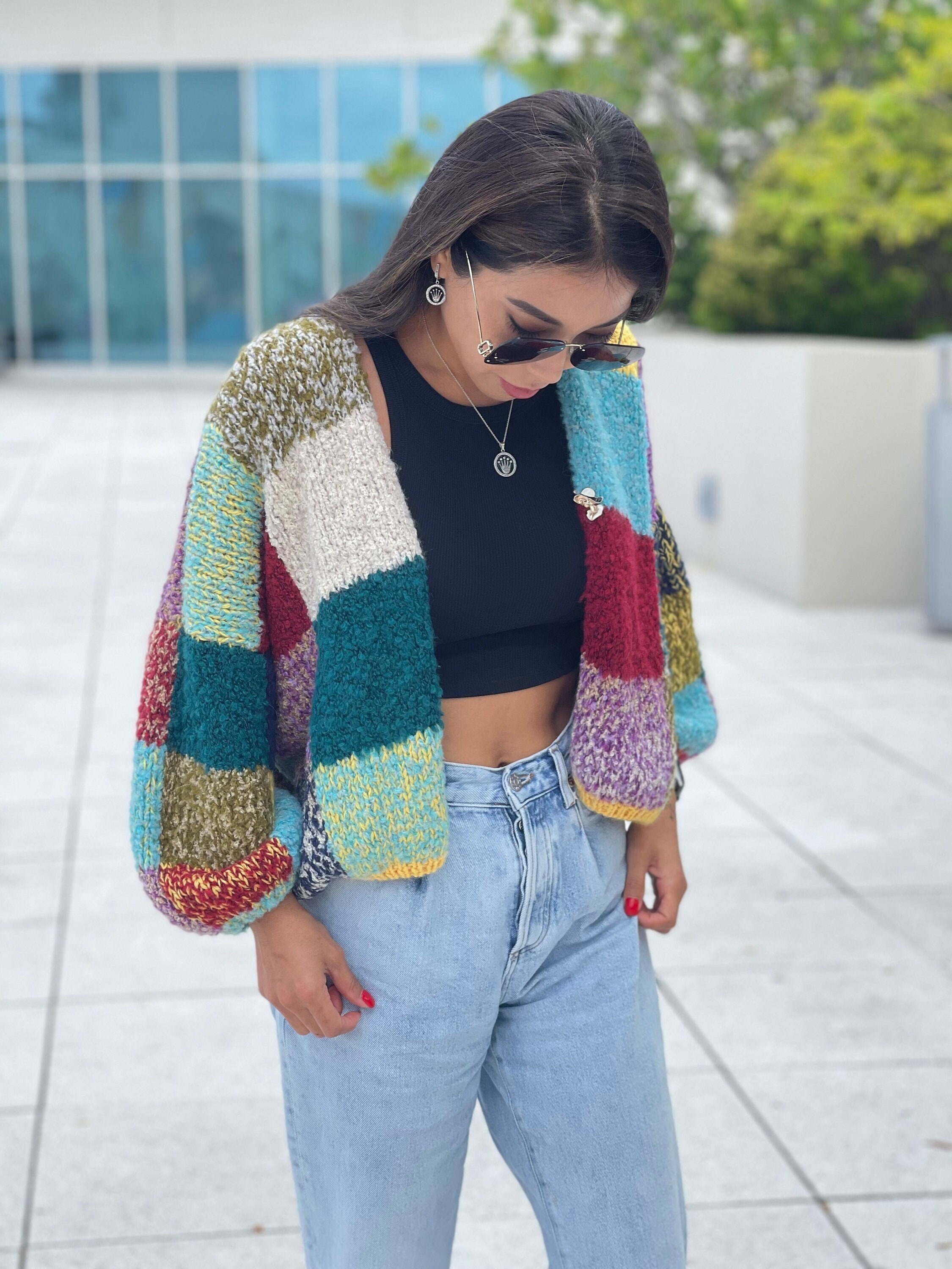 Rainbow Women Cardigan Chunky Knit 