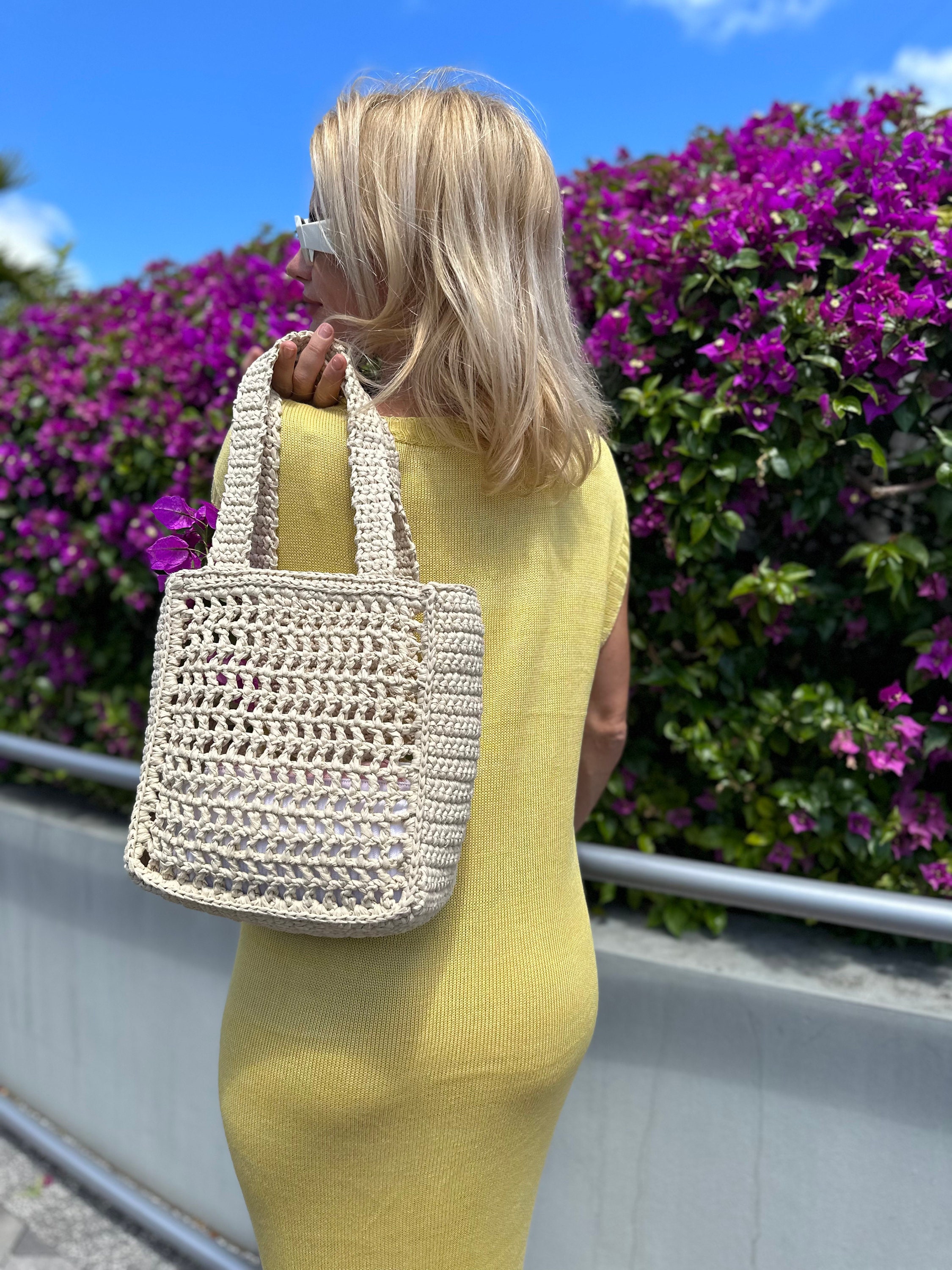 Prada raffia tote bag Cedar logo crochet yellow 37×36×3cm with guarantee  card