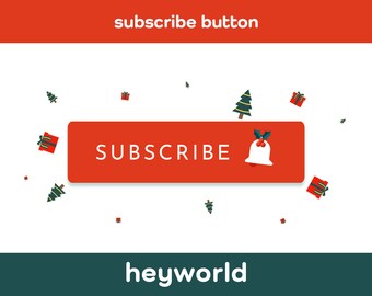 Könnte beinhalten: Ein roter Knopf mit dem Wort "SUBSCRIBE" in weißer Schrift. Rechts neben dem Knopf befindet sich eine Glocke mit einer roten Schleife und grünem Stechpalmenzweig. Der Hintergrund ist weiß mit kleinen roten und grünen Weihnachtsbäumen und Geschenkboxen.