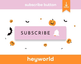 May include: A pink button with the word "SUBSCRIBE" in black text and a white bell icon. The button is surrounded by small black bats and orange jack-o'-lantern faces on a white background. The text "subscribe button" is in black text on a pink background at the top of the image. The text "heyworld" is in black text on an orange background at the bottom of the image.
