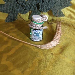 Peut inclure: Une bouteille de diffuseur de voiture en verre vert avec un couvercle blanc, enveloppée d'une corde et d'une bande verte. La bouteille porte une étiquette indiquant "Starlight Candles Eucalyptus Car Diffuser". Un épi de blé et une feuille verte sont en arrière-plan.