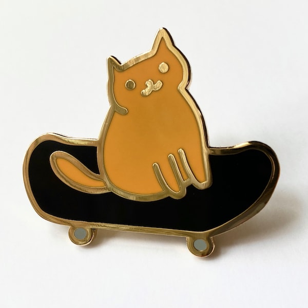 cat on skateboard enamel pin
