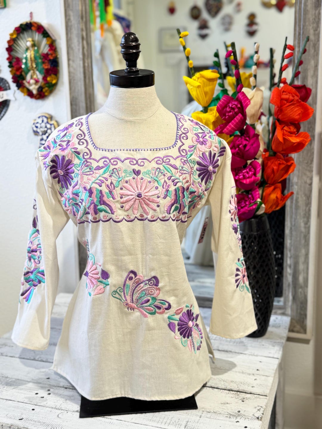 Embroidered Mexican Blouse: Floral Fiesta Top, Medium - Etsy