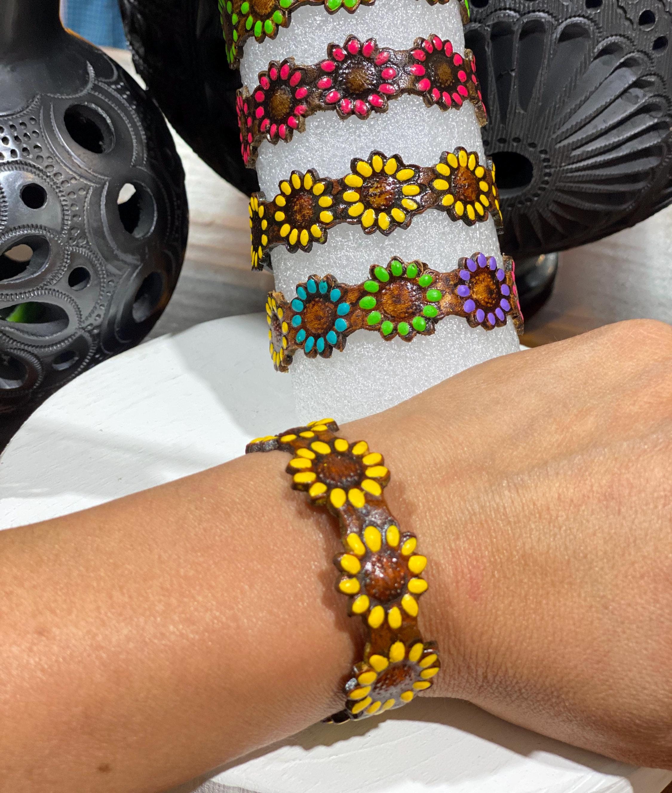 Sunflower Leather Bracelet Sunflower Tooled Leather Handmade Bracelet Hand Painted Girazol Pulcera Boho Western Vaquera Etsy
