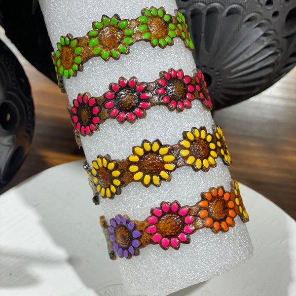 Sunflower Leather Bracelet - Sunflower - Tooled Leather - Handmade Bracelet - Hand Painted - Girazol - Pulcera - Boho - Western - Vaquera