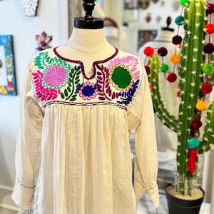 Hand Embroidered Mexican Blouse: Floral Fiesta Top, Ivory, One Size