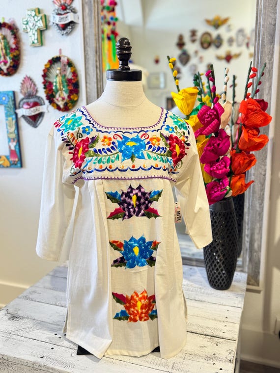 Embroidered Mexican Blouse – Artisan Cotton Peasant Top, Beige